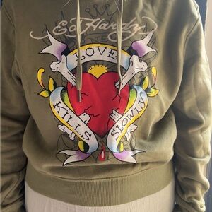 Ed Hardy Olive Green Hoodie with Heart Graphic